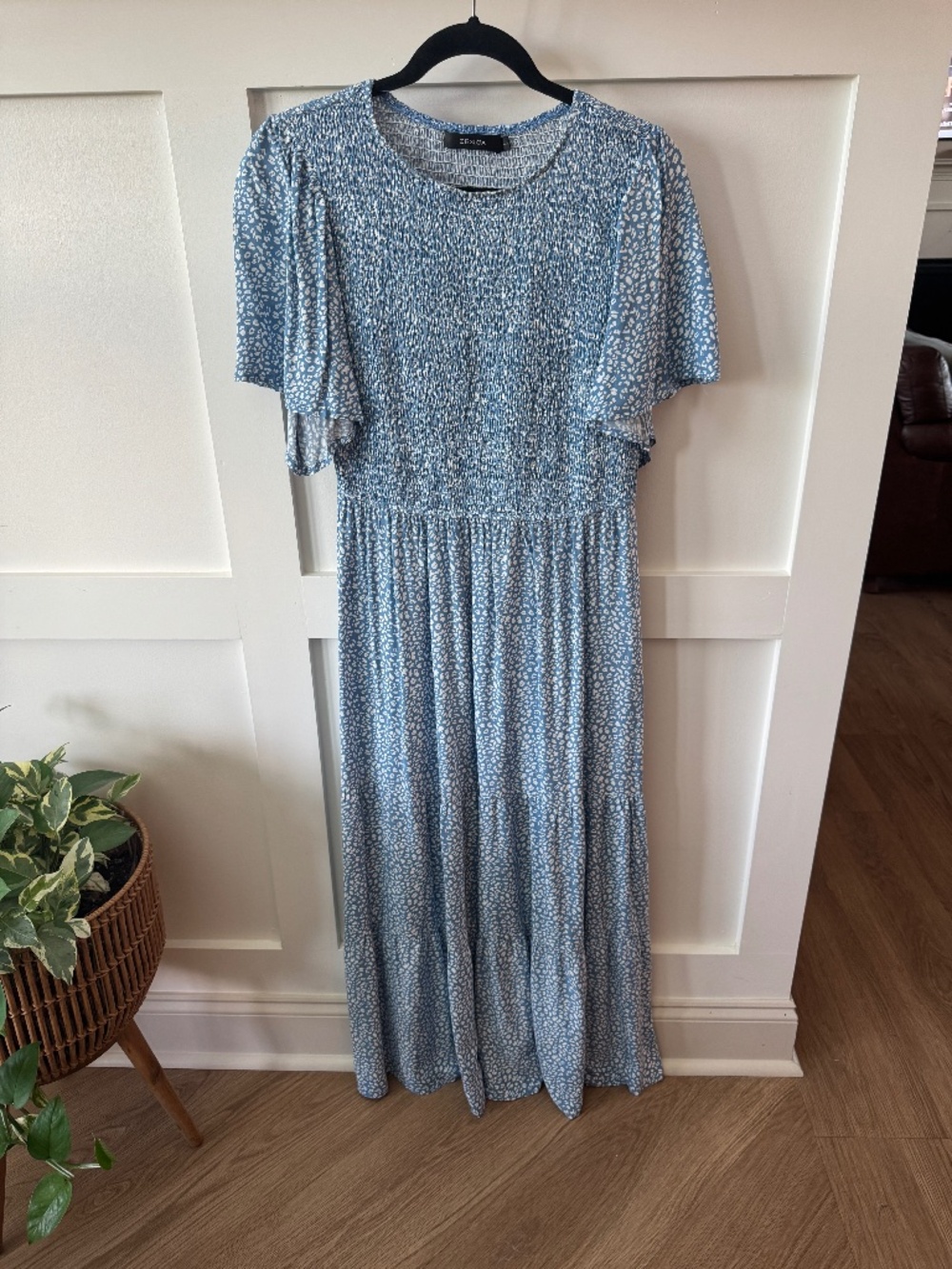 ZESICA Blue Floral Smocked Flutter Sleeve Maxi Dress